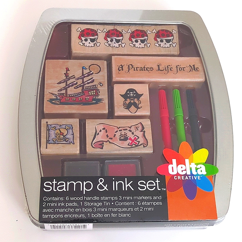 Pirate Themed Woodblock Rubber Stamp & Ink Set In Tin Box NEW